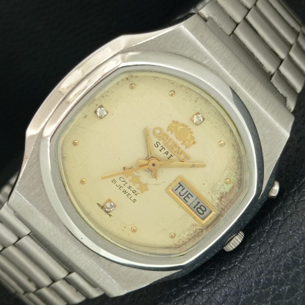 Vintage 1980 Orient Automatic Mens Silver Watch W/daydate & Gold accents